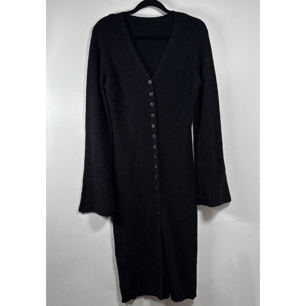 Jenisso NWT Black Ribbed Knit Cardigan Dress M V Neck Button Front Midi Elegant